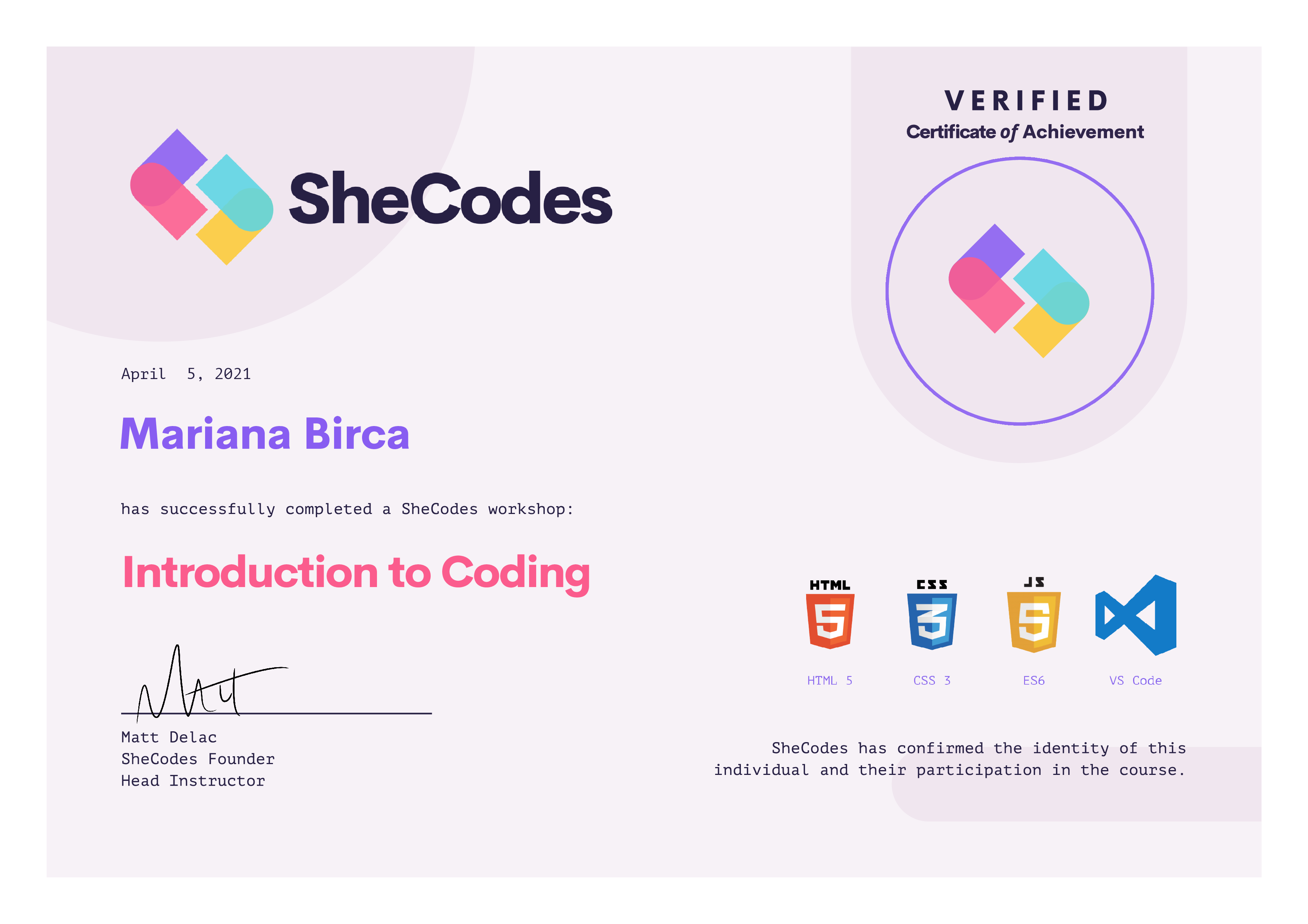 Introduction to coding certificate